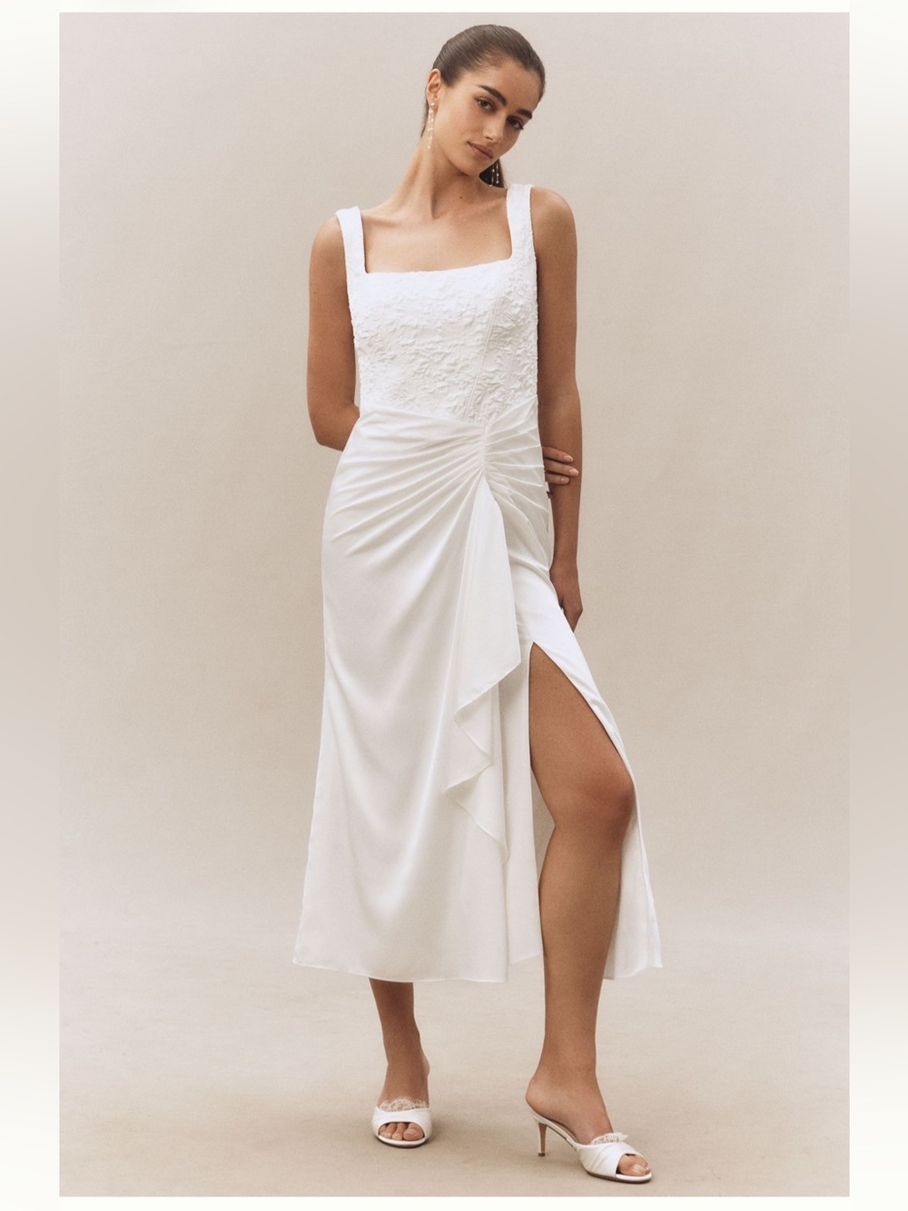 BHLDN Ivory Square-Neck Midi Dress with Side Ruching and Slit